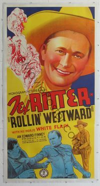 2z187 ROLLIN' WESTWARD linen 3sh '39 huge smiling portrait of cowboy Tex Ritter & fighitng bad guy!