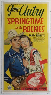2z193 SPRINGTIME IN THE ROCKIES linen3sh R40s cool stone litho of Gene Autry protecting pretty girl!