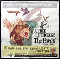 2z143 BIRDS linen 6sh '63 Alfred Hitchcock shown, great artwork of Tippi Hedren attacked by birds!