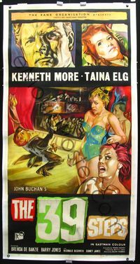 2z089 39 STEPS linen English 3sheet '59 Kenneth More, Taina Elg, English crime thriller, best art!
