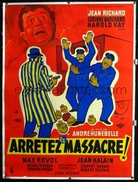 2z114 ARRETEZ LE MASSACRE linen French 1p '59 cool Noel art of gangster holding police at gunpoint!