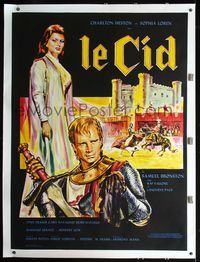 2z123 EL CID linen French one-panel R70s art of Charlton Heston in armor with sexy Sophia Loren!