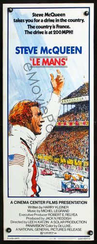 3a028 LE MANS insert poster '71 best artwork of race car driver Steve McQueen waving by race track!
