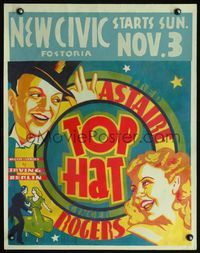 3a110 TOP HAT local theater jumbo WC '35 wonderful colorful art of Fred Astaire & Ginger Rogers!