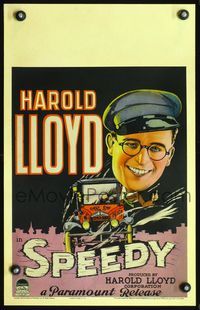 3a103 SPEEDY WC '28 great cartoon art of speed demon Harold Lloyd driving taxicab in New York City!