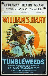 3a107 TUMBLEWEEDS window card '25 wonderful stone litho of William S. Hart & Native American Indian!