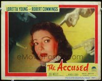 3b259 ACCUSED lobby card #6 '49 great super close of fingers pointing at frightened Loretta Young!