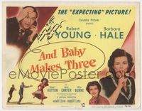 3b028 AND BABY MAKES THREE signed title lobby card '49 by Robert Young, who is with Barbara Hale!