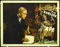 3b269 APE LC '40 great close portrait of mad scientist Boris Karloff in lab, plus wacky gorilla!