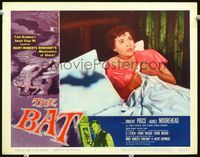 3b279 BAT lobby card #4 '59 great close up of scared girl in bed with bat's shadow on her pillow!