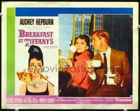 3b296 BREAKFAST AT TIFFANY'S LC #7 '61 Audrey Hepburn & George Peppard drinking coffee & smoking!