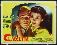 3b304 CALCUTTA lobby card #4 '46 great shadowy super close up of Alan Ladd & sexy Gail Russell!