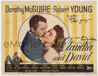 3b051 CLAUDIA & DAVID signed TC '48 by both Dorothy McGuire & Robert Young, who are embracing!