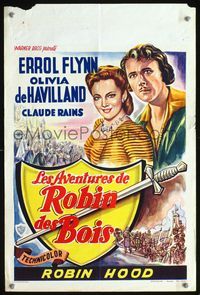 3c486 ADVENTURES OF ROBIN HOOD Belgian R50s art of Errol Flynn as Robin Hood, Olivia De Havilland!