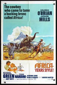 3d021 AFRICA - TEXAS STYLE 1sheet '67 cool art of Hugh O'Brien lassoing zebra by stampeding animals!