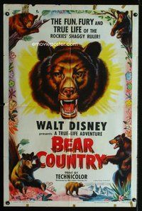 3d054 BEAR COUNTRY one-sheet movie poster '53 Disney True-Life Adventure, cool bear artwork!
