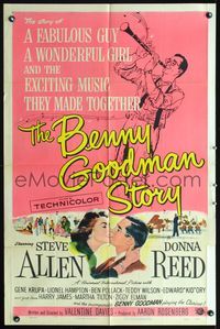 3d061 BENNY GOODMAN STORY 1sh '56 Steve Allen as Goodman, Donna Reed, Gene Krupa, Reynold Brown art