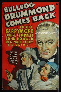 3d117 BULLDOG DRUMMOND COMES BACK one-sheet '37 Louis King, John Barrymore, John Howard as Drummond!