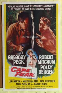 3d123 CAPE FEAR one-sheet movie poster '62 Gregory Peck, Robert Mitchum, Polly Bergen, film noir!