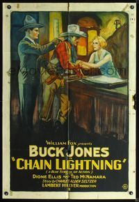 3d002 CHAIN LIGHTNING 1sh '27 stone litho of Buck Jones tapping a cowboy making a pass at his girl