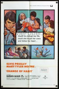 3d139 CHANGE OF HABIT one-sheet '69 art of Dr. Elvis Presley in various scenes, Mary Tyler Moore