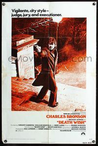 3d207 DEATH WISH red photo 1sheet '74 vigilante Charles Bronson is the judge, jury, and executioner!