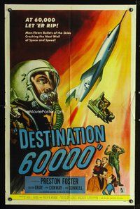 3d211 DESTINATION 60,000 one-sheet '57 cool artwork of military man-flown bullets of the skies!
