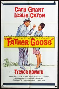 3d264 FATHER GOOSE one-sheet '65 artwork of sea captain Cary Grant yelling at pretty Leslie Caron!