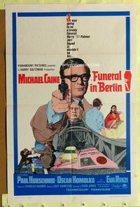 3d305 FUNERAL IN BERLIN 1sheet '67 cool art of Michael Caine pointing gun, directed by Guy Hamilton!