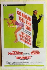 3d310 GAMBIT one-sheet movie poster '67 art of Shirley MacLaine & Michael Caine preparing for crime!