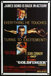 3d334 GOLDFINGER one-sheet '64 three great images of Sean Connery as James Bond 007 back in action!