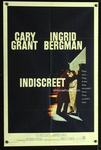3d416 INDISCREET one-sheet '58 Cary Grant, Ingrid Bergman, Stanley Donen, cool rendesvous art!