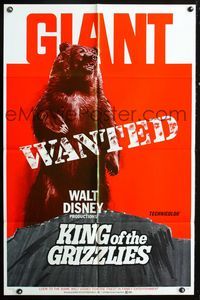 3d455 KING OF THE GRIZZLIES one-sheet '70 Ron Kelly, Walt Disney family grizzly bear adventure!