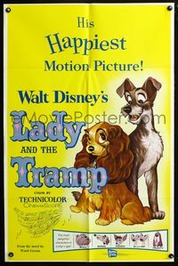 3d462 LADY & THE TRAMP one-sheet movie poster R62 Walt Disney romantic canine classic!