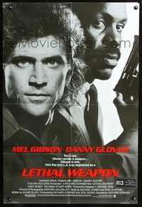 3d483 LETHAL WEAPON int'l advance 1sheet '87 great image of cop partners Mel Gibson & Danny Glover!