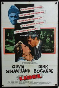 3d488 LIBEL one-sheet '59 Olivia de Havilland & Dirk Bogarde in mistaken identity court trial!