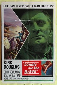 3d505 LONELY ARE THE BRAVE one-sheet '62 classic, life can never cage a man like Kirk Douglas!