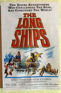 3d508 LONG SHIPS one-sheet '64 Richard Widmark, Sidney Poitier, cool art of the Mighty Vikings!