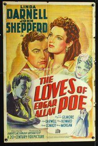 3d520 LOVES OF EDGAR ALLAN POE 1sheet '42 Linda Darnell, Shepperd Strudwick as Poe, really cool art!