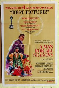 3d549 MAN FOR ALL SEASONS style C 1sheet '67 Paul Scofield, Robert Shaw, Best Picture Academy Award!