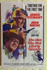 3d556 MAN WHO SHOT LIBERTY VALANCE one-sheet '62 John Wayne & James Stewart together, John Ford