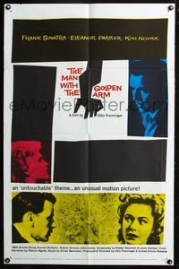 3d561 MAN WITH THE GOLDEN ARM 1sheet R60 Frank Sinatra is hooked, classic Saul Bass art and design!