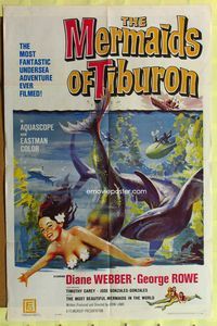 3d593 MERMAIDS OF TIBURON one-sheet poster '62 Diane Webber, underwater art of sexy mermaid & shark!