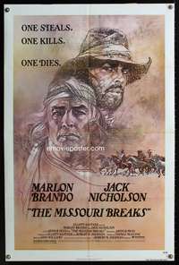 3d601 MISSOURI BREAKS one-sheet poster '76 great art of Marlon Brando & Jack Nicholson by Bob Peak!