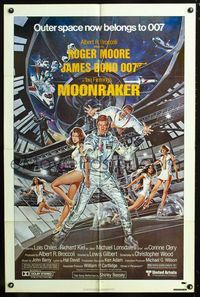 3d611 MOONRAKER one-sheet '79 art of Roger Moore as James Bond w/Jaws & sexy babes by Daniel Gouzee