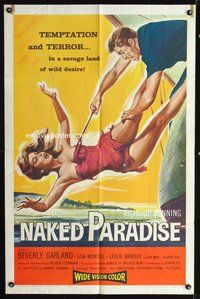 3d631 NAKED PARADISE one-sheet poster '57 art of super sexy falling Beverly Garland caught by hook!