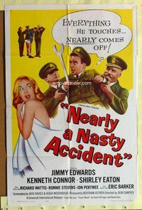 3d635 NEARLY A NASTY ACCIDENT one-sheet '62 Don Chaffey, Jimmy Edwards, sexy Shirley Eaton artwork!