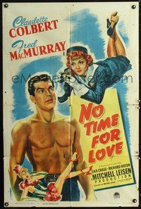 3d652 NO TIME FOR LOVE one-sheet '43 Claudette Colbert takes pictures of barechested Fred MacMurray!