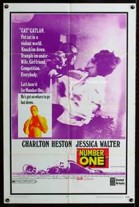 3d659 NUMBER ONE one-sheet '69 alcoholic football player Charlton Heston has nowhere to go but down!