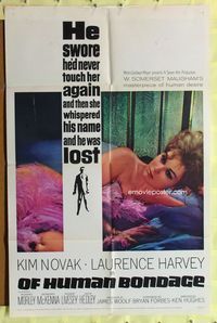 3d663 OF HUMAN BONDAGE one-sheet movie poster '64 super sexy Kim Novak can't help being what she is!
